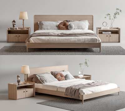 北欧实木双人床3D模型下载